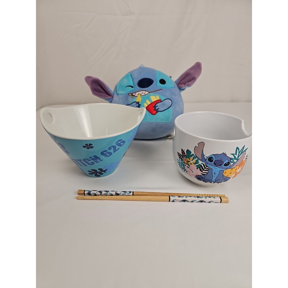 Disney Lilo & Stitch Ceramic Ramen Bowl Set 2 Tropical Chopstick Bowls w/Plush